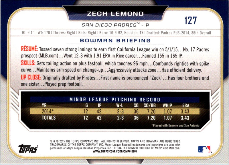 2015 Bowman Draft Picks & Prospects Zech Lemond