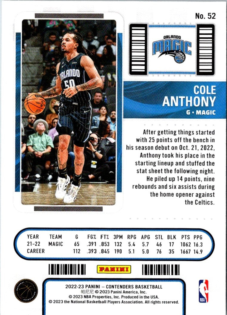 2022 Panini Contenders Season Ticket Cole Anthony