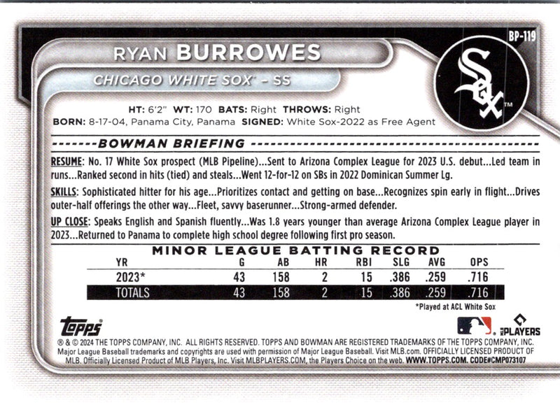 2024 Bowman Prospects Ryan Burrowes