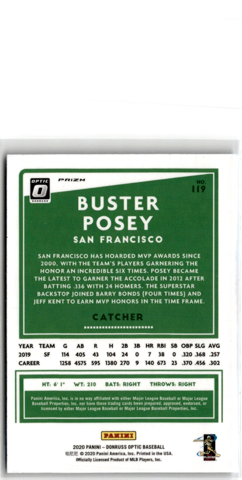 2020 Donruss Optic Carolina Blue and White Buster Posey