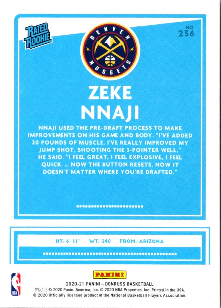 2020 Donruss Rated Rookies Zeke Nnaji