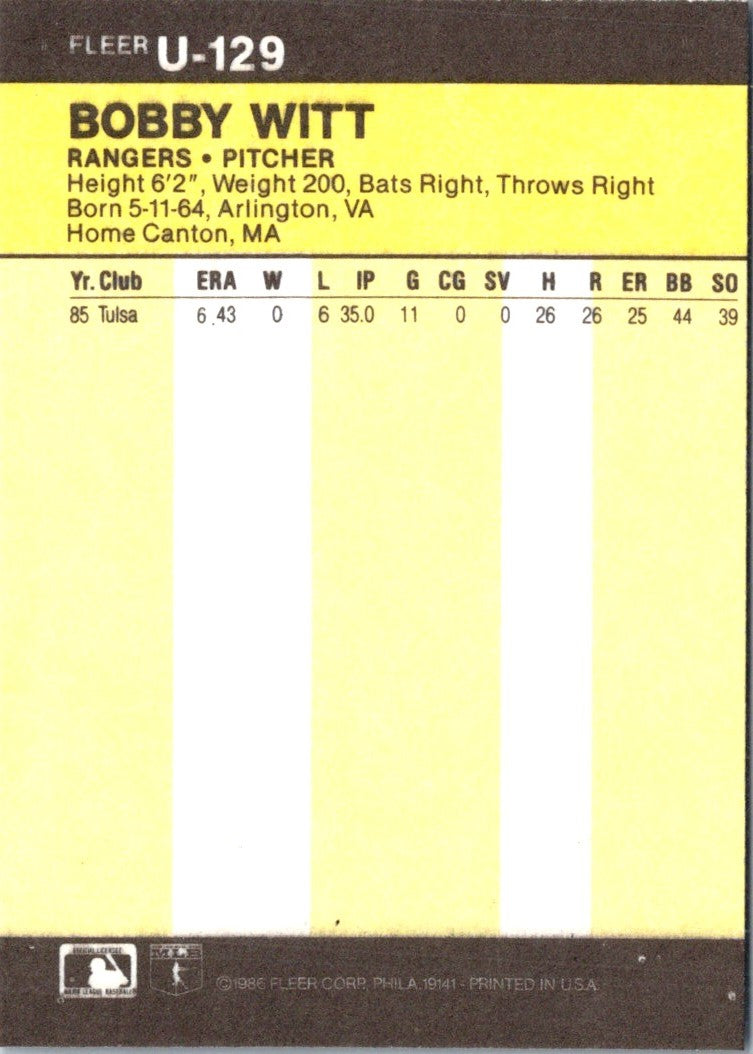 1986 Fleer Update Bobby Witt