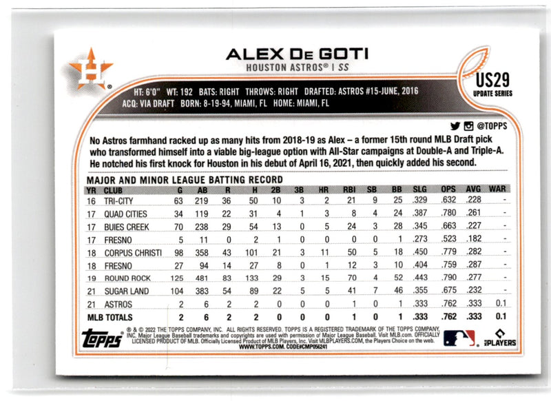 2022 Topps Update Alex De Goti