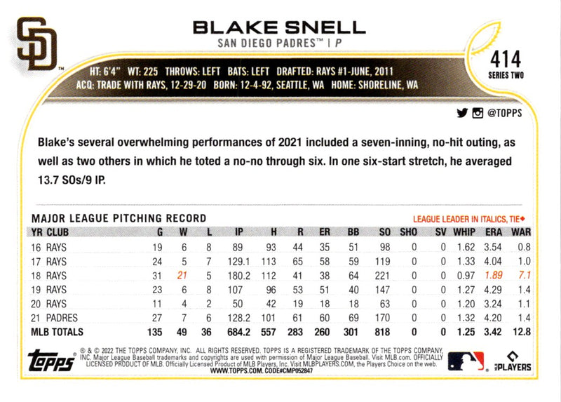 2022 Topps Blue Blake Snell