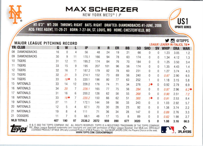 2022 Topps Update Max Scherzer