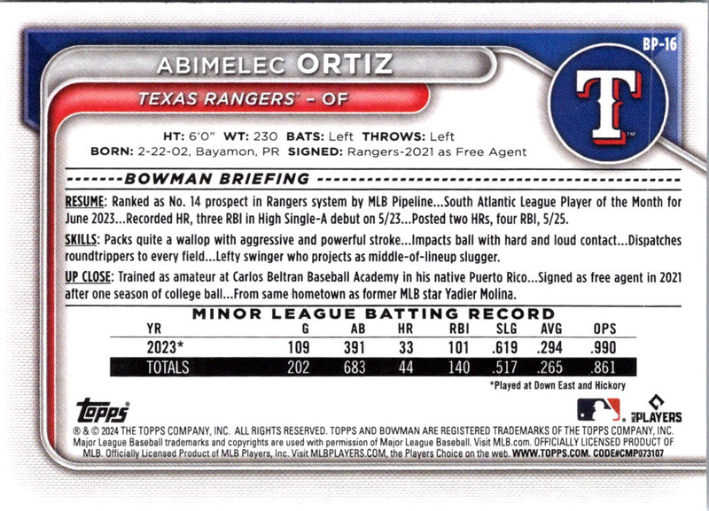 2024 Bowman Prospects Abimelec Ortiz