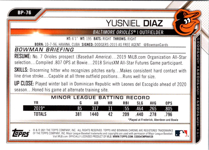 2021 Bowman Prospects Yusniel Diaz