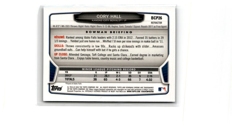 2013 Bowman Chrome Prospects Blue Wave Cory Hall