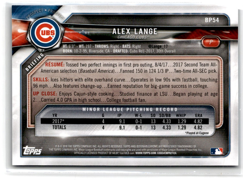 2018 Bowman Prospects Blue Alex Lange
