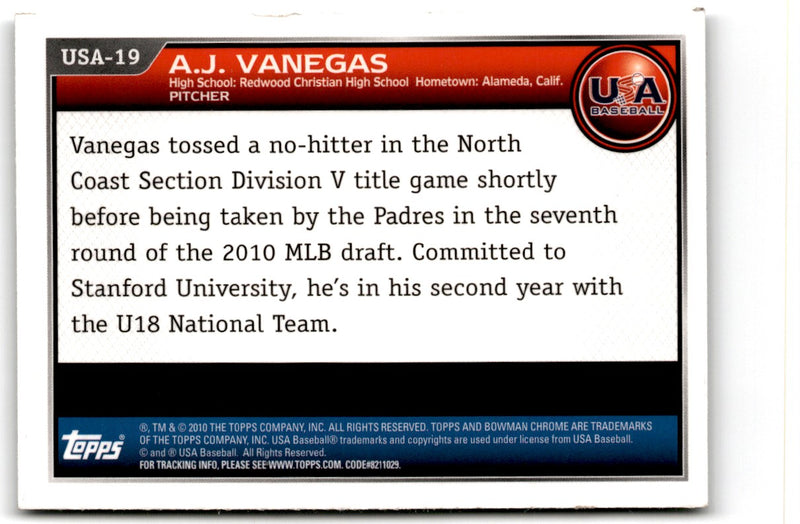 2010 Bowman Chrome USA Stars A.J. Vanegas