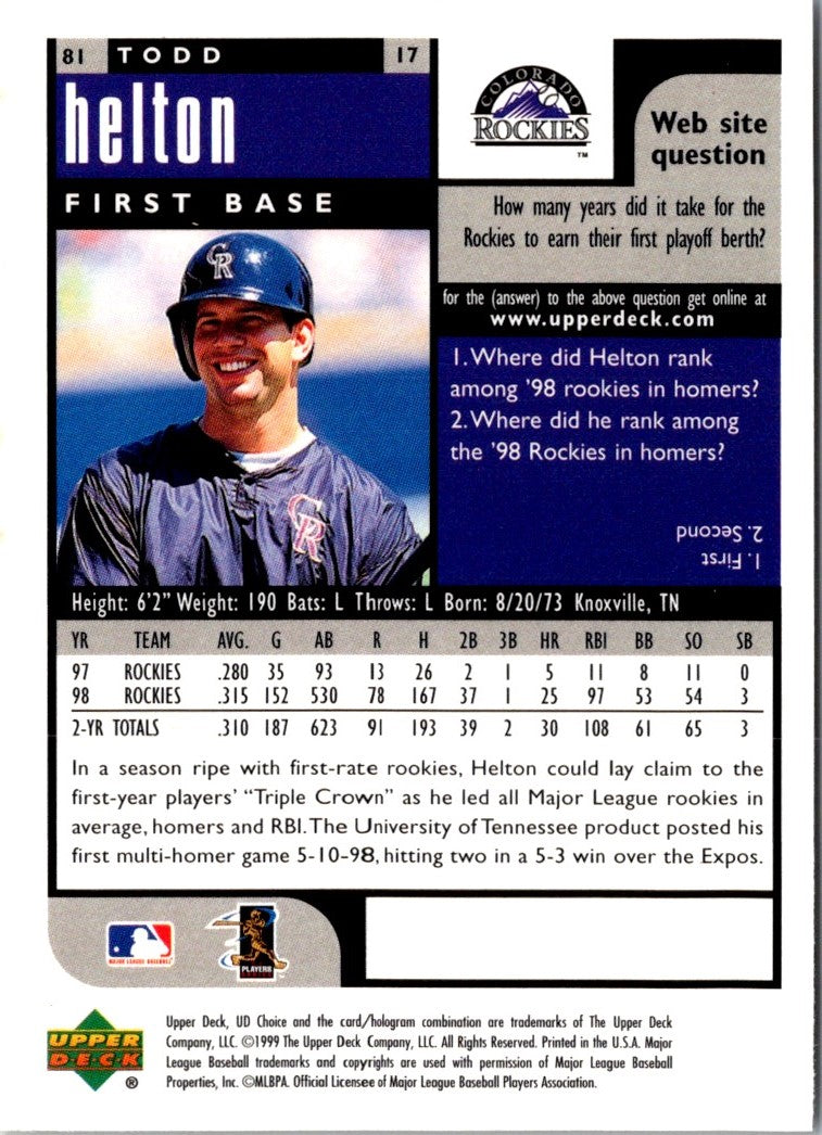 1999 UD Choice Todd Helton