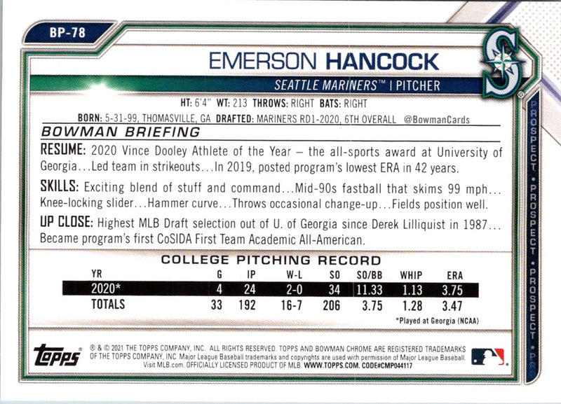 2021 Bowman Prospects Emerson Hancock