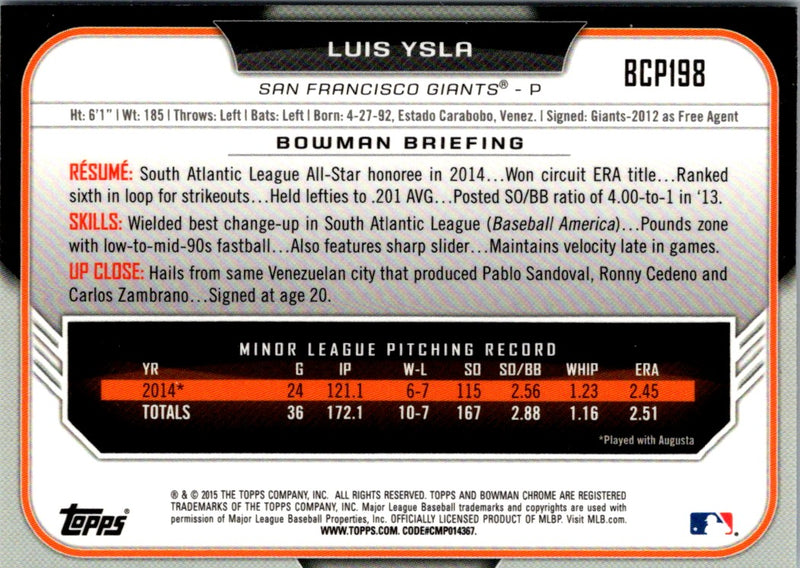 2015 Bowman Chrome Prospects Luis Ysla