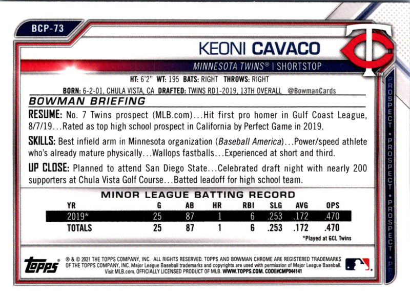 2021 Bowman Chrome Prospects Keoni Cavaco