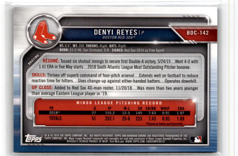 2019 Bowman Draft Chrome Blue Refractor Denyi Reyes