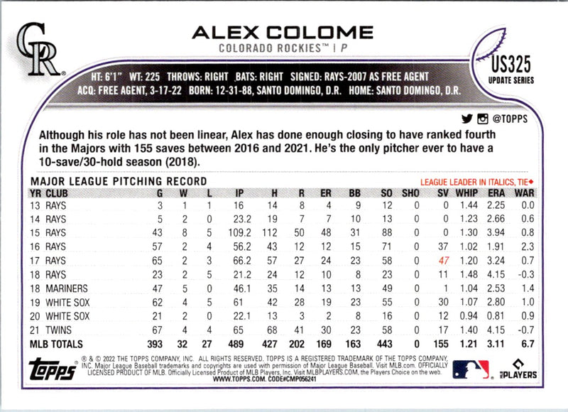 2022 Topps Update Alex Colome