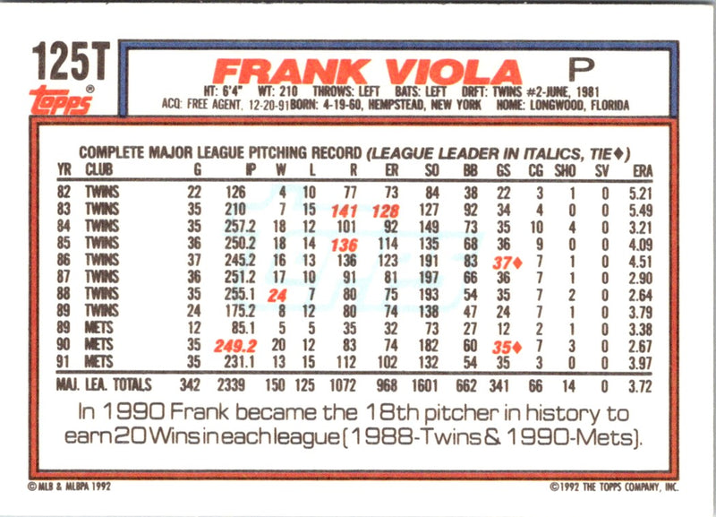 1992 Topps Traded Frank Viola