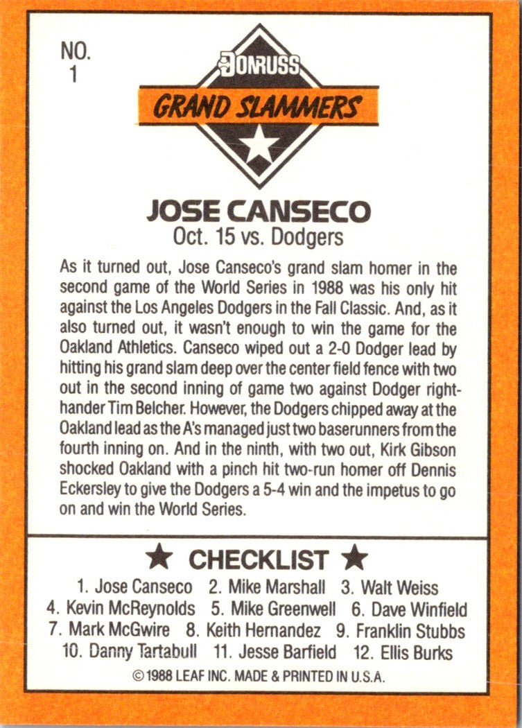 1989 Donruss Leaf Blue Chips Jose Canseco