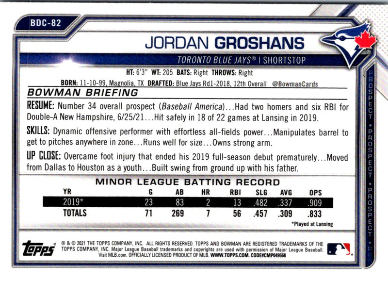 2021 Bowman Draft Chrome Jordan Groshans