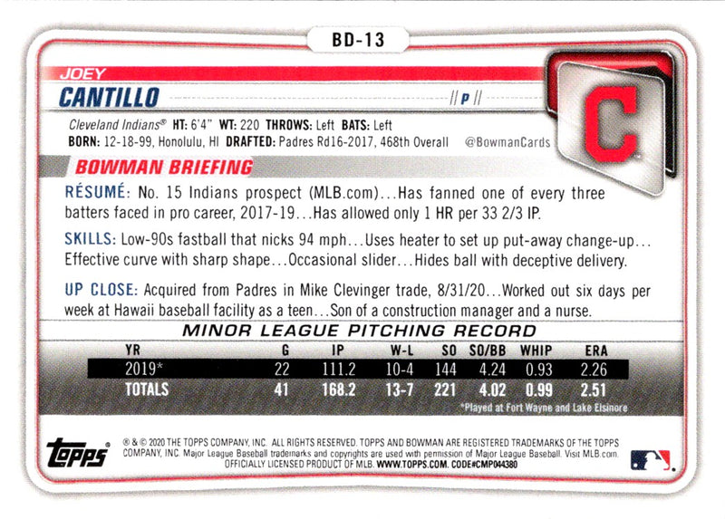 2020 Bowman Draft 1st Edition Joey Cantillo