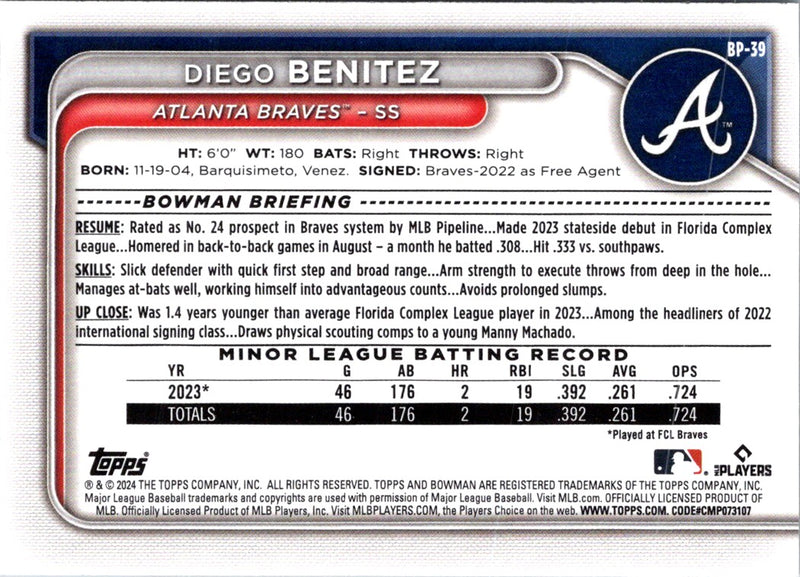 2024 Bowman Prospects Diego Benitez