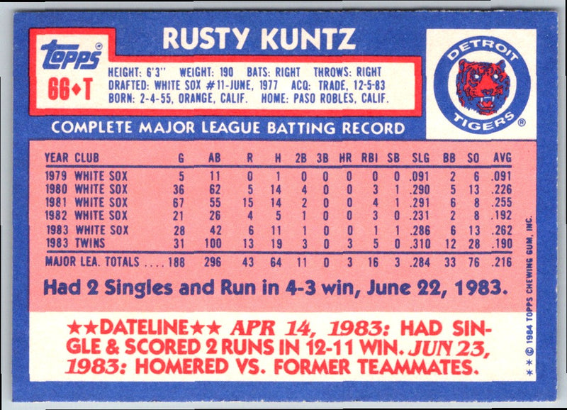 1984 Topps Traded Rusty Kuntz