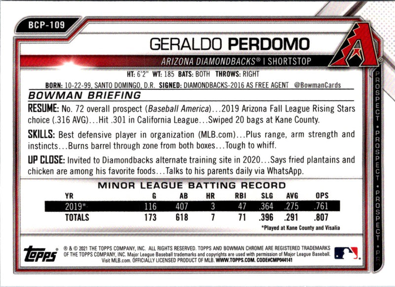 2021 Bowman Chrome Prospects Geraldo Perdomo