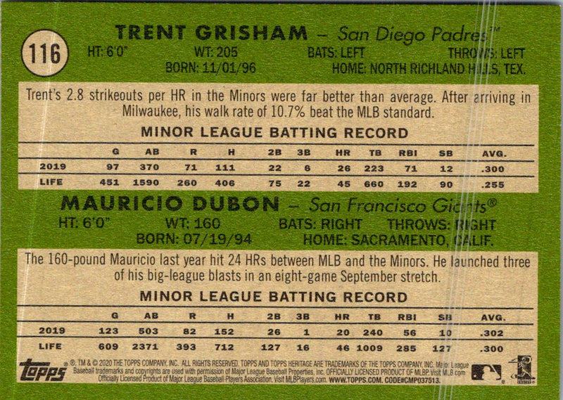 2020 Topps Heritage Trent Grisham/ Mauricio Dubon