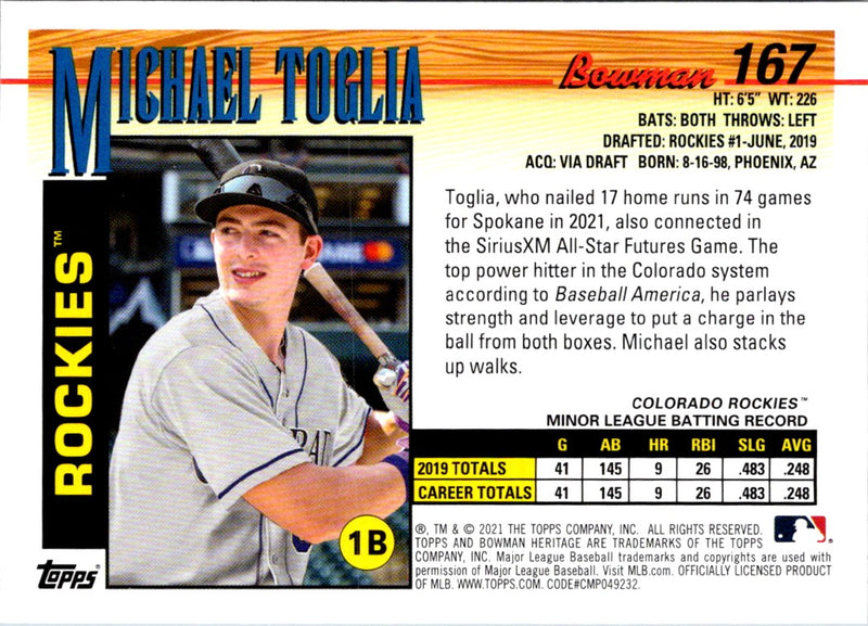 2021 Bowman Heritage Michael Toglia