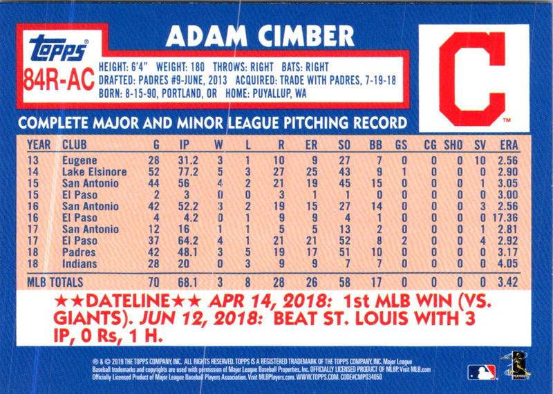 2019 Topps 1984 Baseball Rookies Adam Cimber