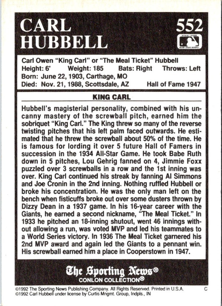 1992 Conlon Collection TSN Carl Hubbell