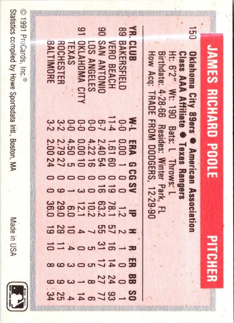 1991 ProCards Tomorrow's Heroes Jim Poole