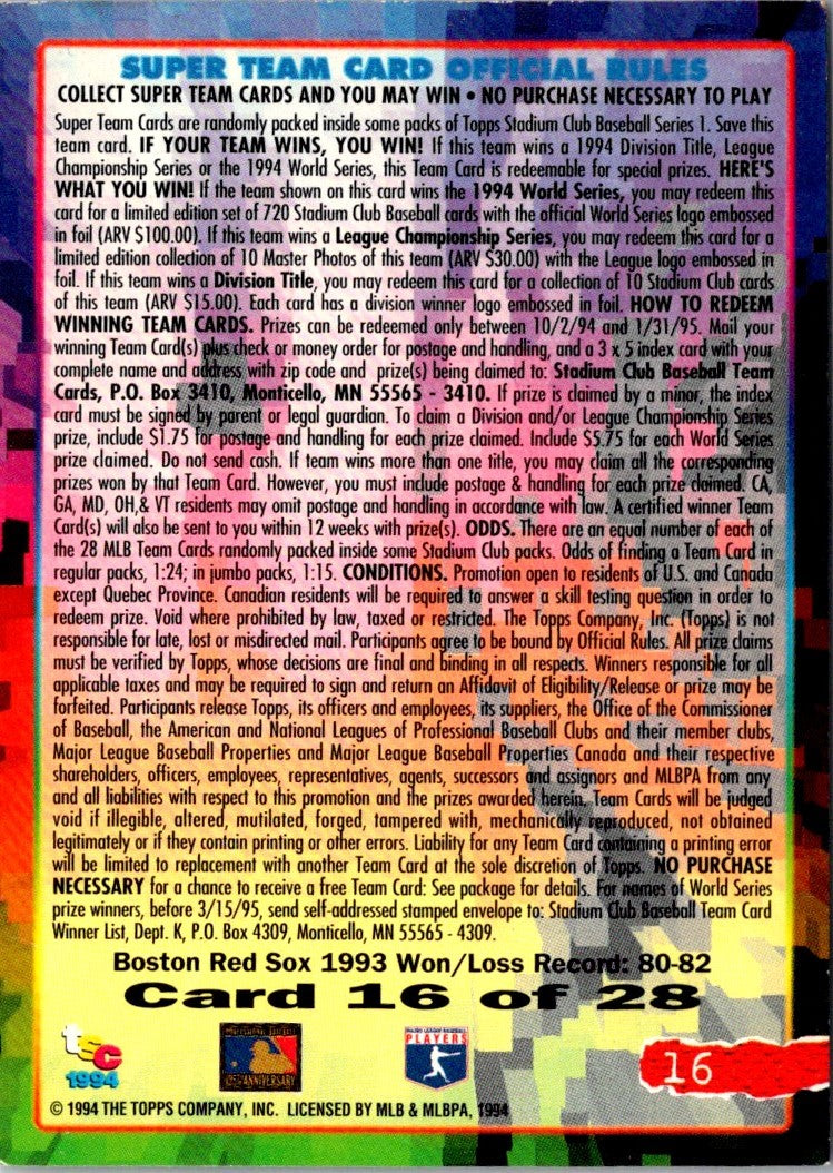 1993 Fort Myers PAL Boston Red Sox Red Sox Logo/Checklist