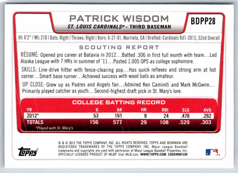 2012 Bowman Patrick Wisdom