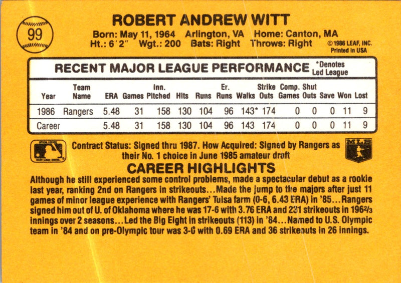 1987 Donruss Bobby Witt