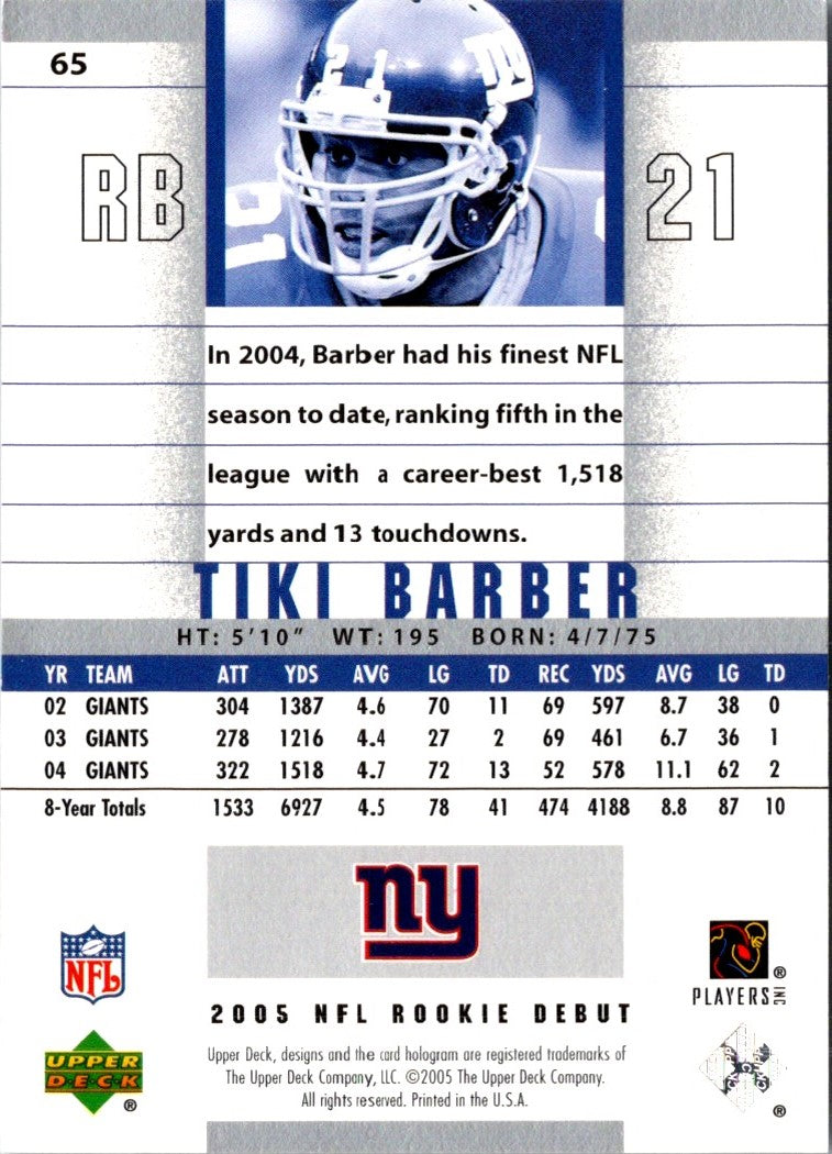 2005 Upper Deck Rookie Debut Tiki Barber