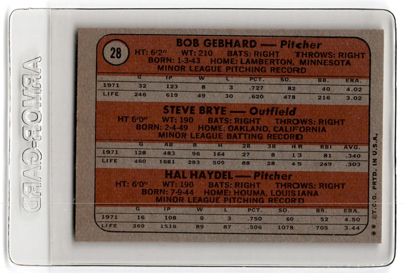 1972 Topps Twins Rookies - Bob Gebhard/Steve Brye/Hal Haydel