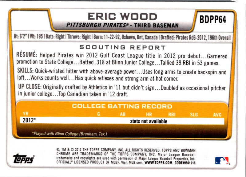 2012 Bowman Draft Picks & Prospects Chrome Eric Wood