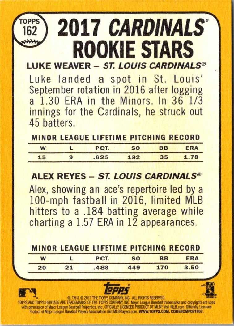 2017 Topps Heritage Blue Borders Luke Weaver/Alex Reyes