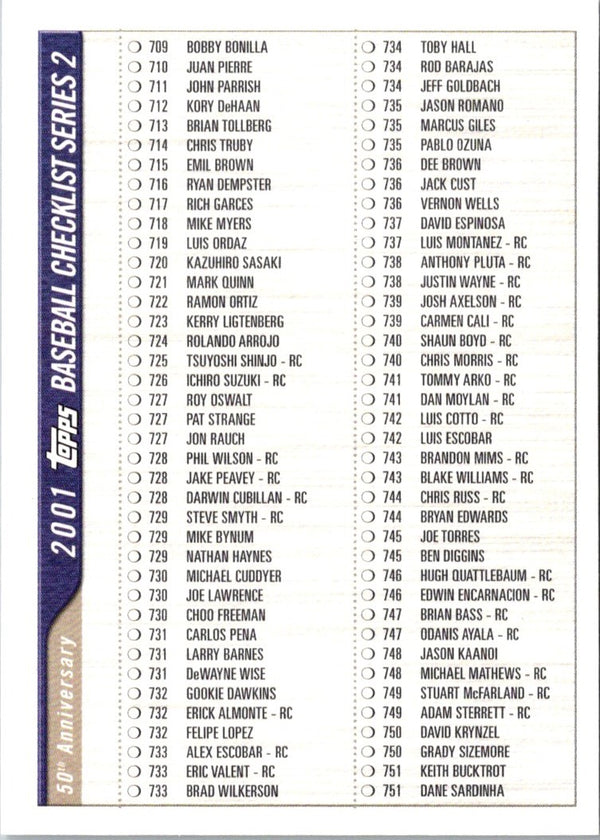 2001 Topps Checklists Series 1 Green Checklist Series One - 3 of 4 #3