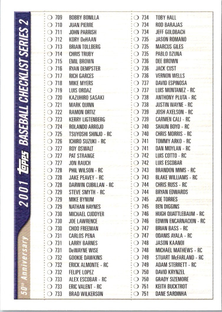 2001 Topps Checklists Series 1 Green Checklist Series One - 3 of 4