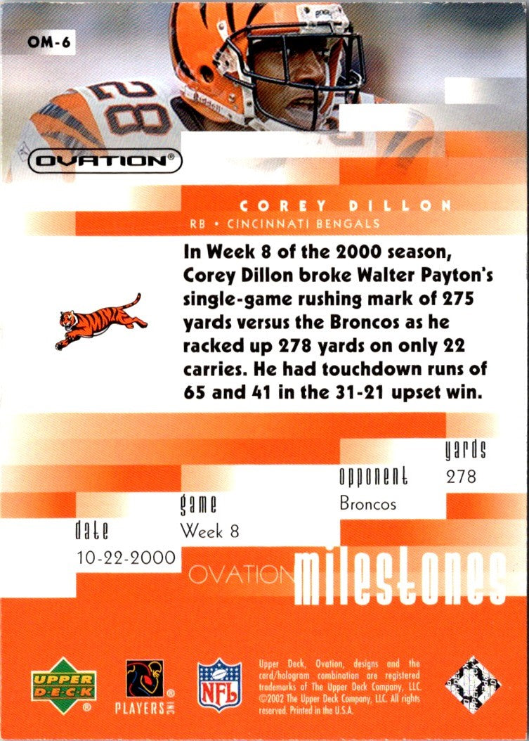 2002 Upper Deck Ovation Milestones Corey Dillon