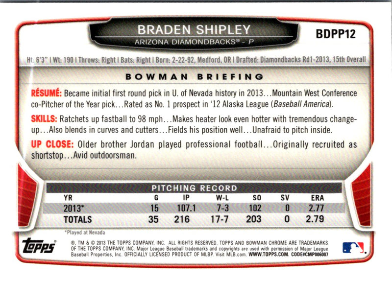 2013 Bowman Draft Picks & Prospects Chrome Braden Shipley
