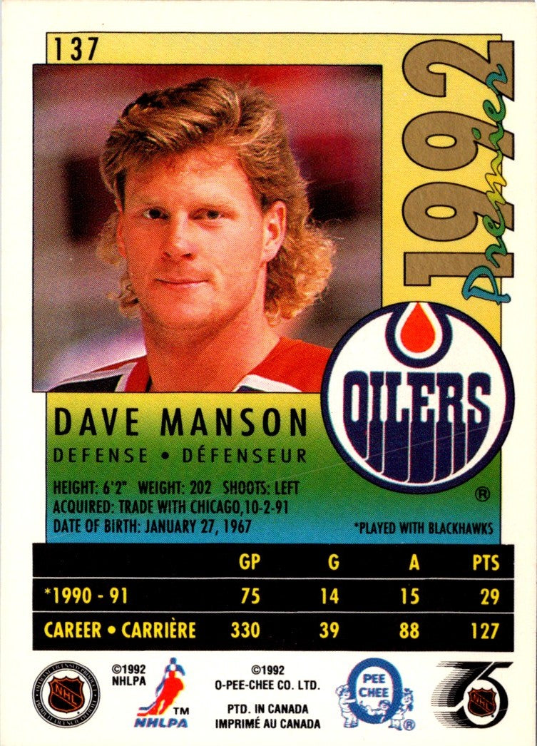 1991 O-Pee-Chee Premier Dave Manson