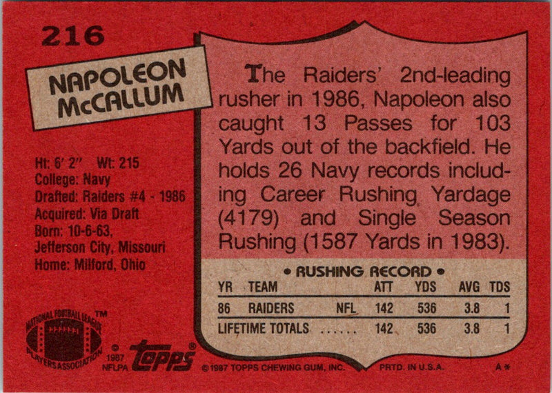 1987 Topps Napoleon McCallum