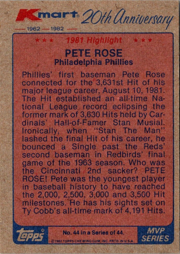 1982 Topps Kmart 20th Anniversary Pete Rose