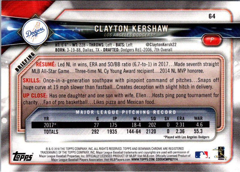 2018 Bowman Clayton Kershaw