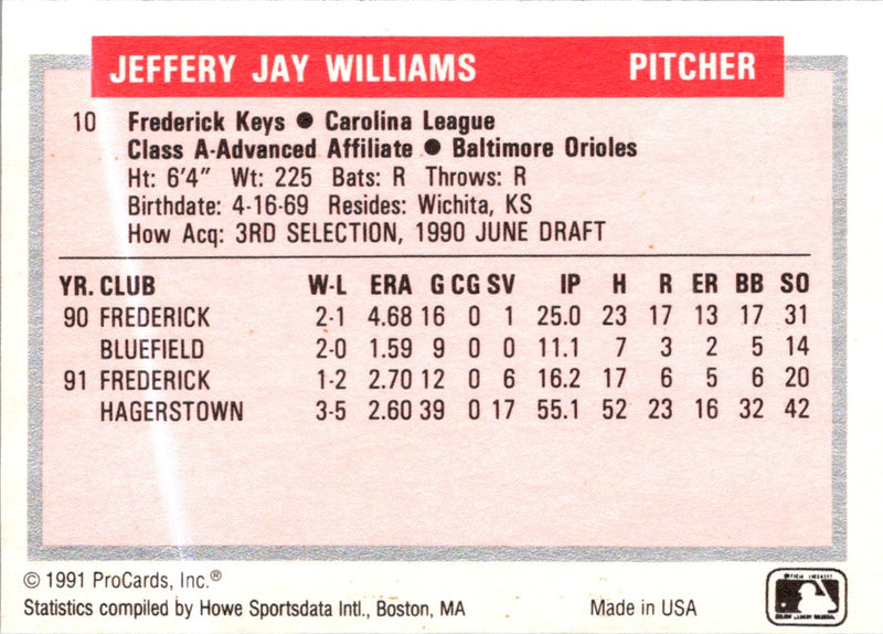 1991 ProCards Tomorrow's Heroes Jeff Williams