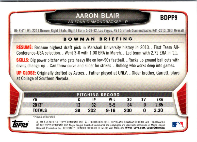 2013 Bowman Draft Picks & Prospects Chrome Aaron Blair