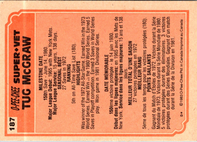 1983 O-Pee-Chee Tug McGraw